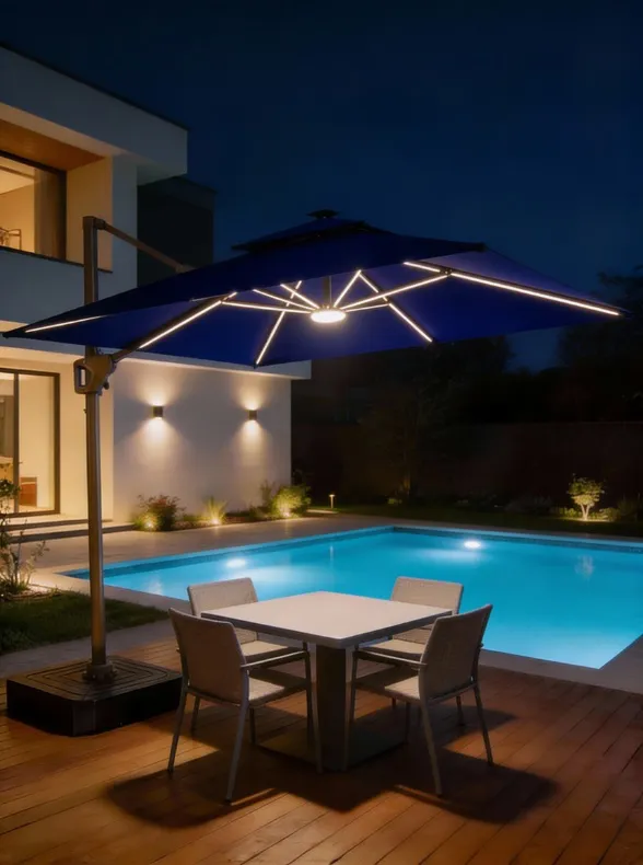 Ombrelone Refugia Guarda Sol Gold Led Alumínio 3,0 x 3,0 C/ Base 130L